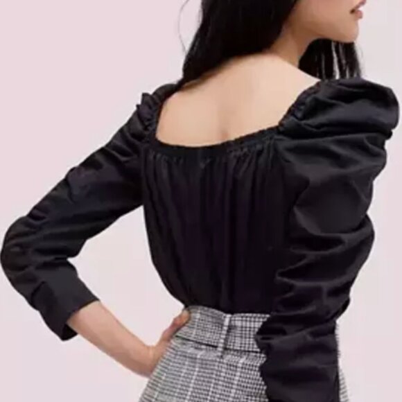 Kate Spade | Black Ruched Puff Sleeve Square-Neck Poplin Blouse Top, size 12 - Picture 2 of 9